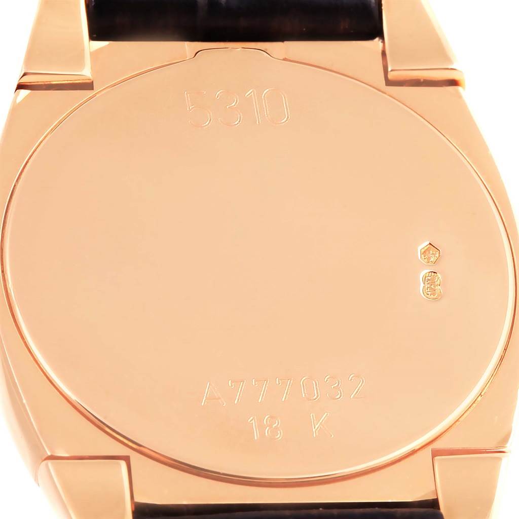 The image shows the back case of a Rolex Cellini 5310 Women's Rose Gold Grey Dial 5310 Women's Rose Gold Grey Dial watch, highlighting the engravings and hallmarks.