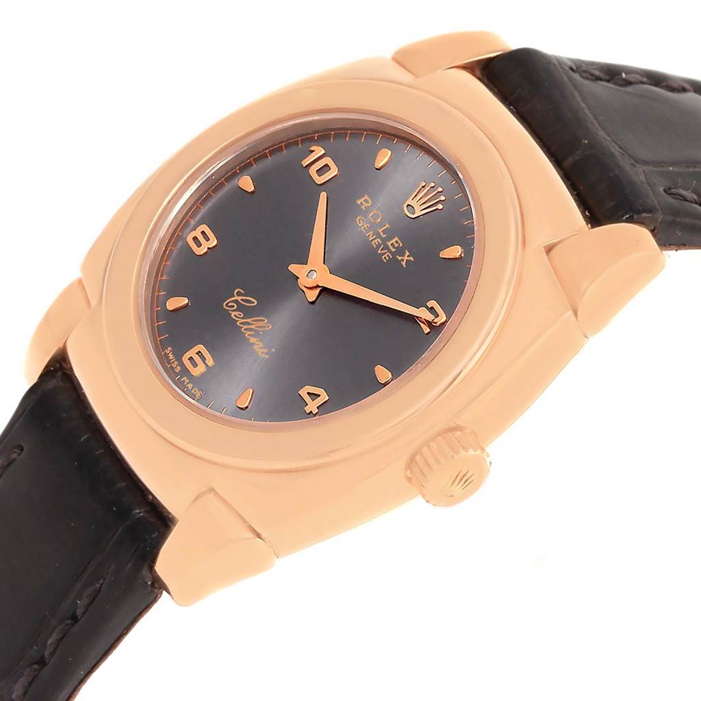The Rolex Cellini 5310 Women's Rose Gold Grey Dial 5310 Women's Rose Gold Grey Dial watch is shown at a slight diagonal angle, highlighting its dial, case, crown, and leather strap.