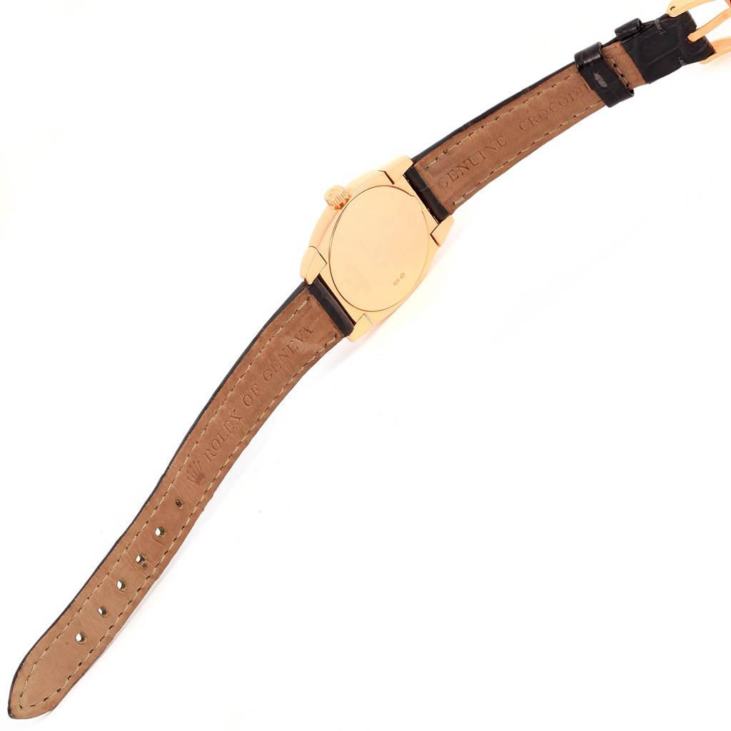 The image shows the back view of a Rolex Cellini 5310 Women's Rose Gold Grey Dial 5310 Women's Rose Gold Grey Dial watch, displaying the watch case and leather strap.