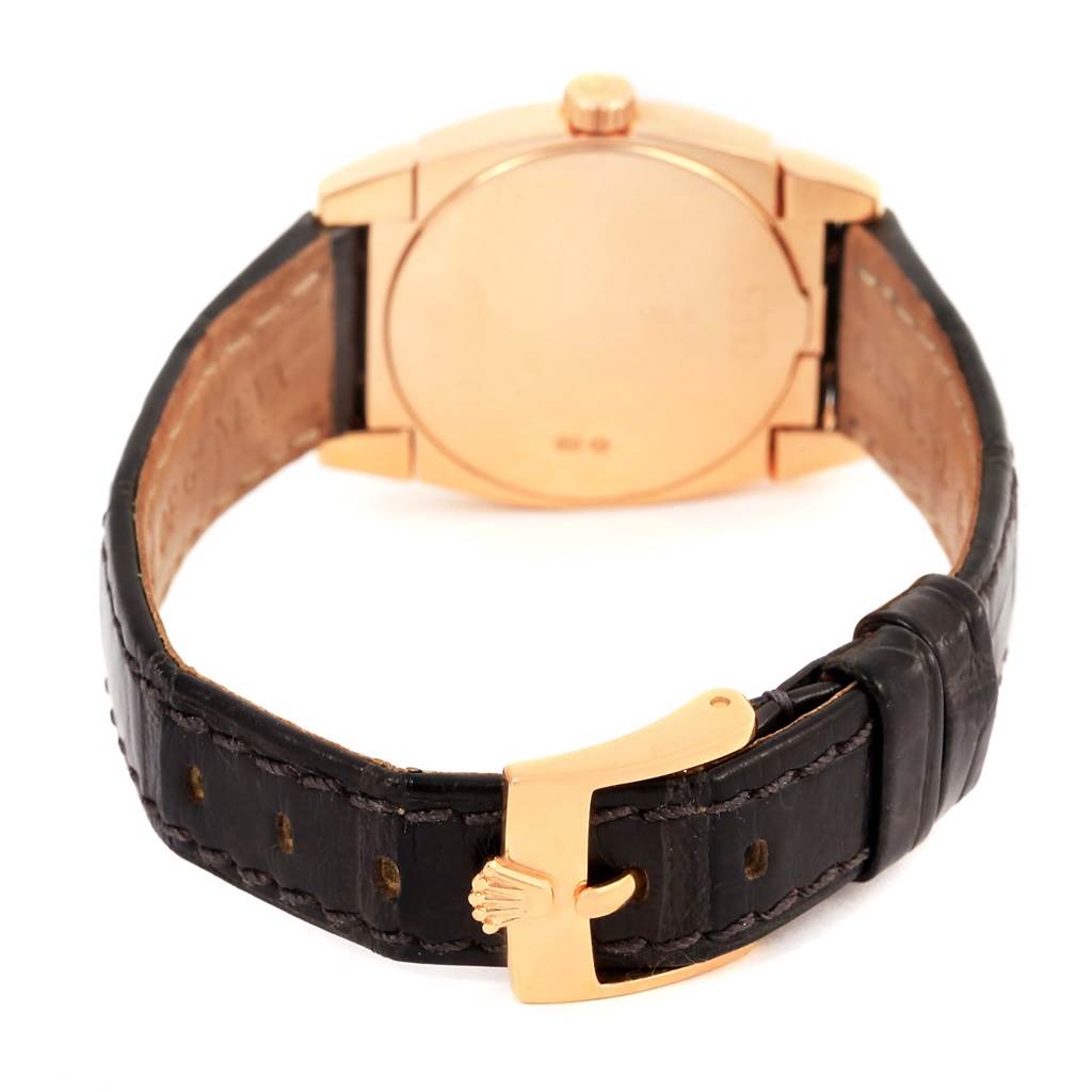 The image shows the back view of a Rolex Cellini 5310 Women's Rose Gold Grey Dial 5310 Women's Rose Gold Grey Dial watch, highlighting its case, crown, leather strap, and clasp.