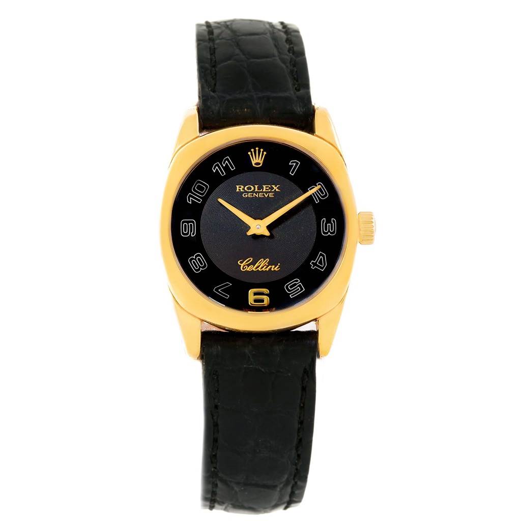 This is a front view of a Rolex Cellini 6229 Women's Yellow Gold Black Dial 6229 Women's Yellow Gold Black Dial watch, showing its black dial, gold-toned case, and black leather strap.