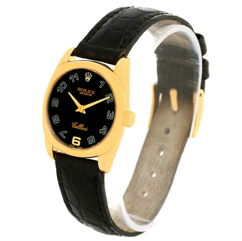 The image shows a Rolex Cellini 6229 Women's Yellow Gold Black Dial 6229 Women's Yellow Gold Black Dial watch at a three-quarter angle, highlighting its face, strap, and gold case.
