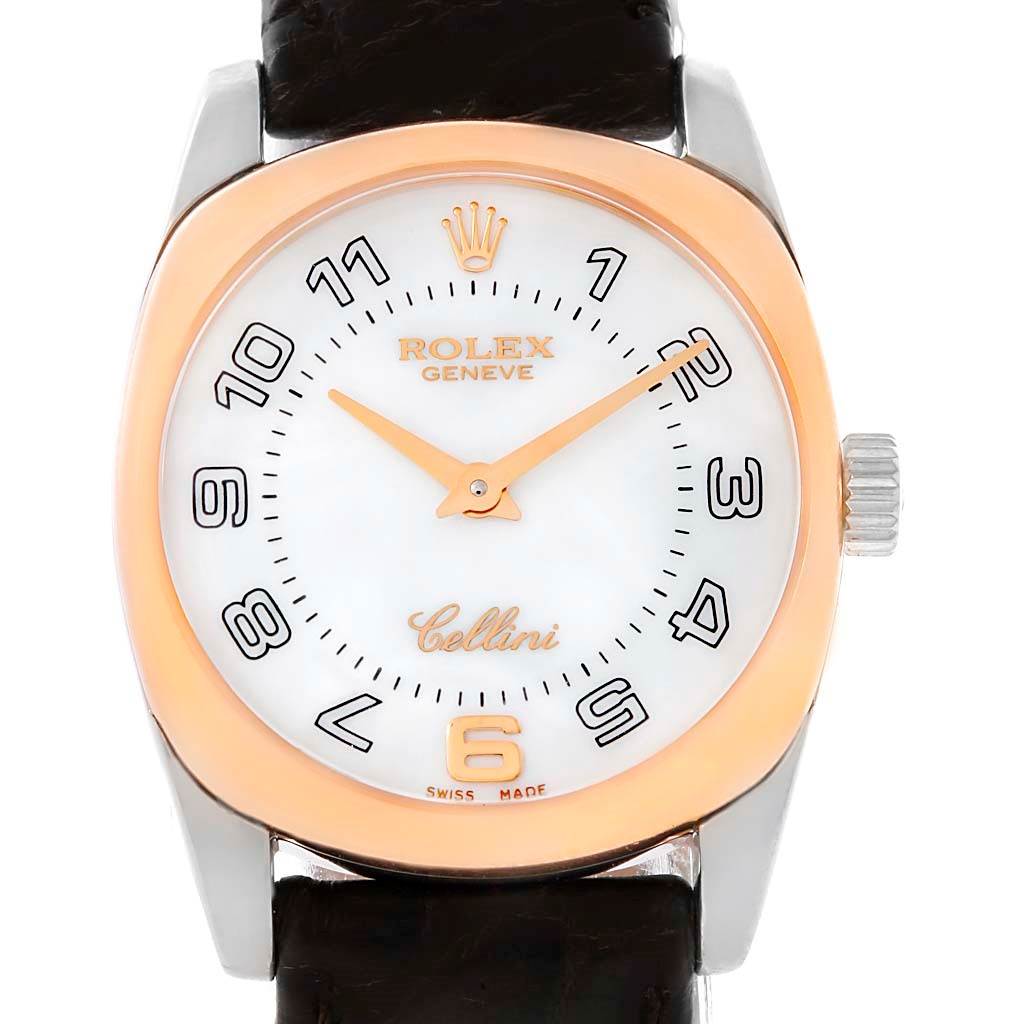 The image shows a front view of a Rolex Cellini 6229 Women's White Gold White Dial 6229 Women's White Gold White Dial watch, displaying its face, crown, and strap.