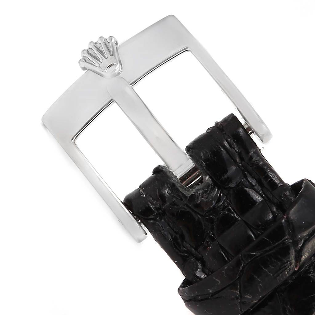 This image shows the buckle and leather strap of a Rolex Cellini 6229 Women's White Gold White Dial 6229 Women's White Gold White Dial watch from a top-down angle.