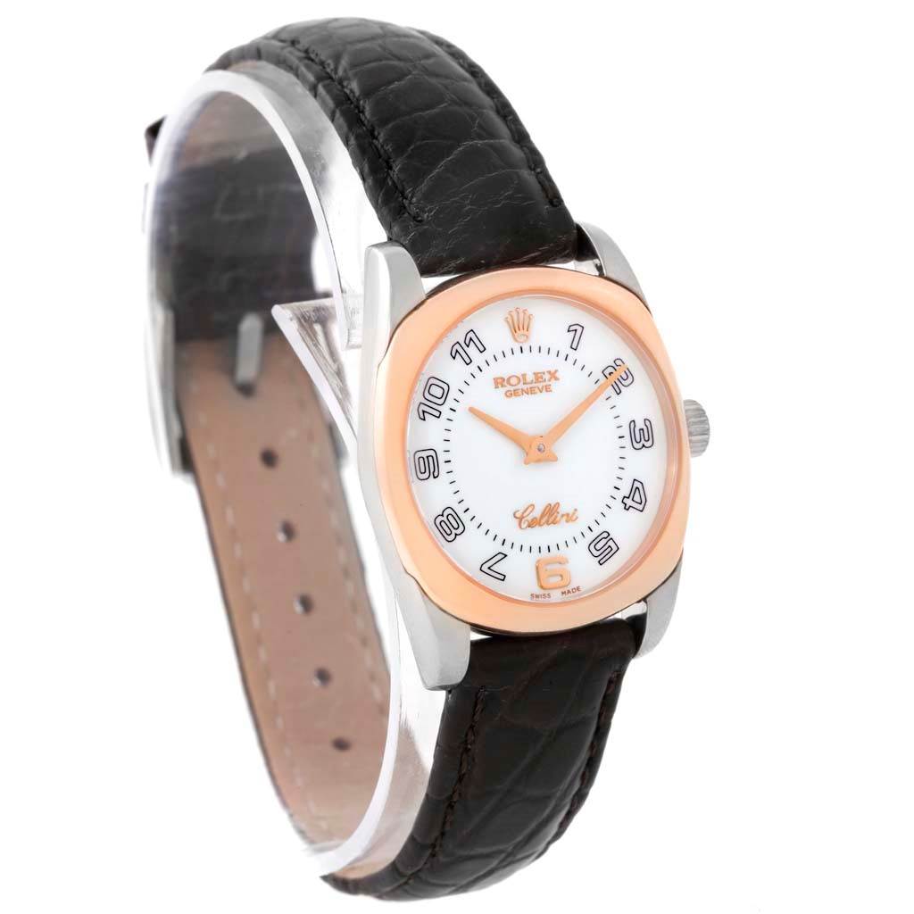The image shows a Rolex Cellini 6229 Women's White Gold White Dial 6229 Women's White Gold White Dial watch at a slight angle, highlighting the dial, bezel, crown, and part of the leather strap.