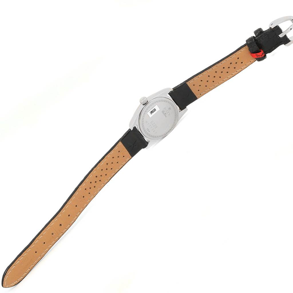 The image shows the back and strap of a Rolex Cellini 6229 Women's White Gold White Dial 6229 Women's White Gold White Dial watch, looking at the caseback and inner side of the leather strap.