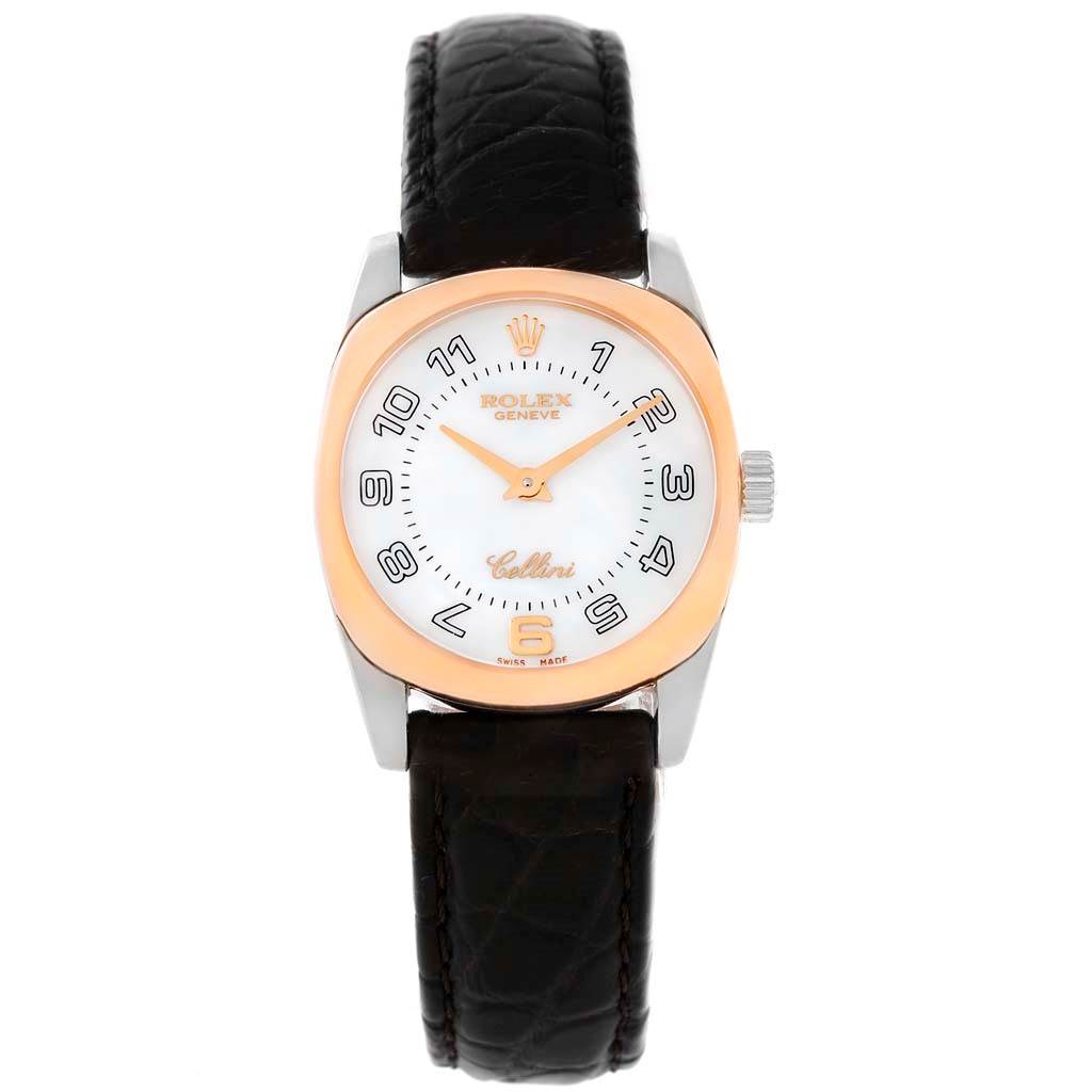 This image displays a front view of the Rolex Cellini 6229 Women's White Gold White Dial 6229 Women's White Gold White Dial watch, showing its face, crown, and leather strap.