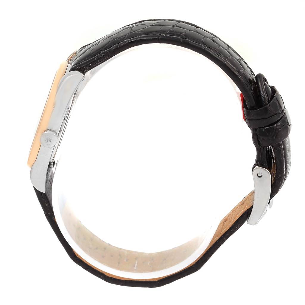 The image shows a side view of the Rolex Cellini 6229 Women's White Gold White Dial 6229 Women's White Gold White Dial watch, featuring the crown, case, and leather strap.