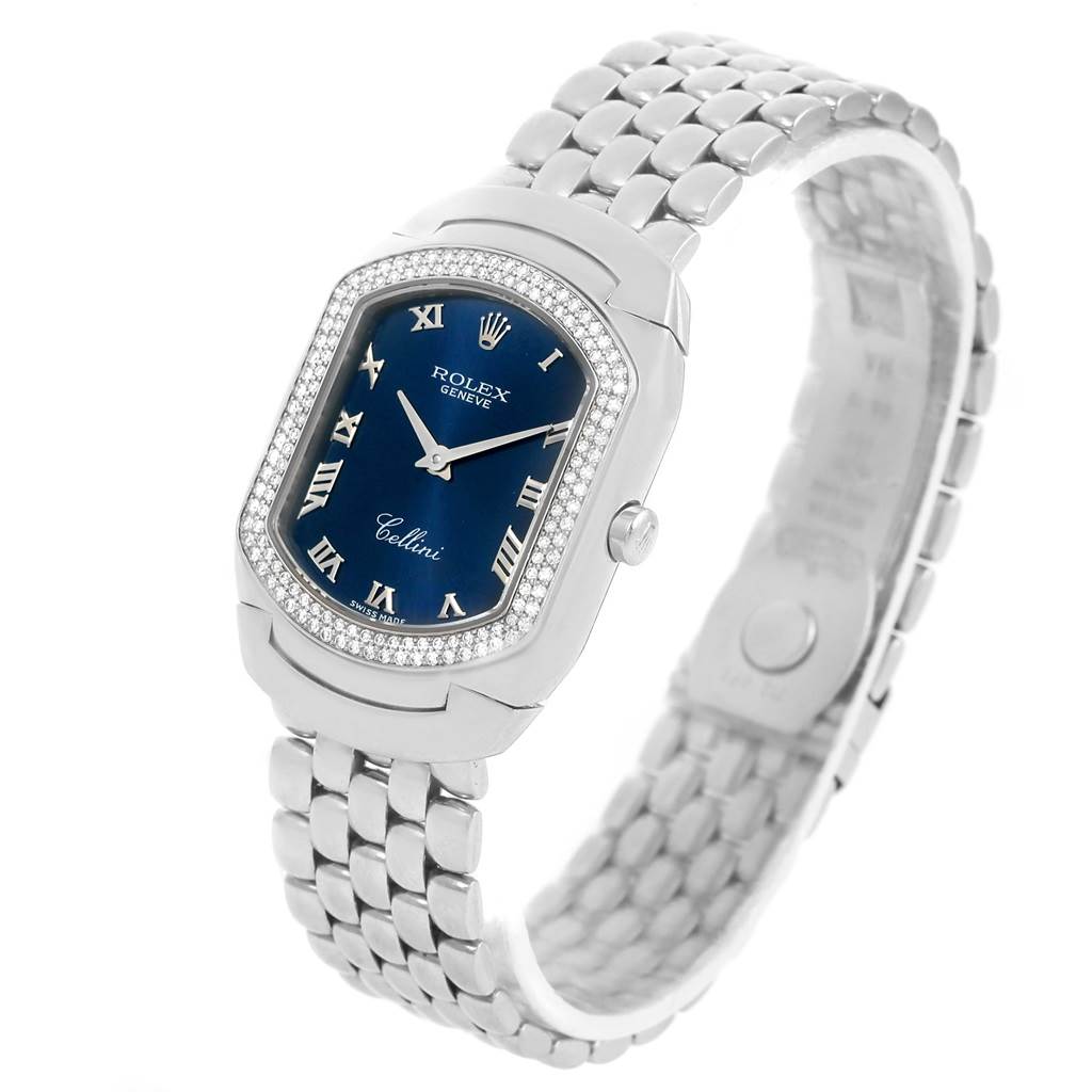 This image shows the Rolex Cellini 6691 Women
s White Gold Blue Dial 6691 Women
s White Gold Blue Dial watch at a three-quarter angle, highlighting its dial, bracelet, and case.