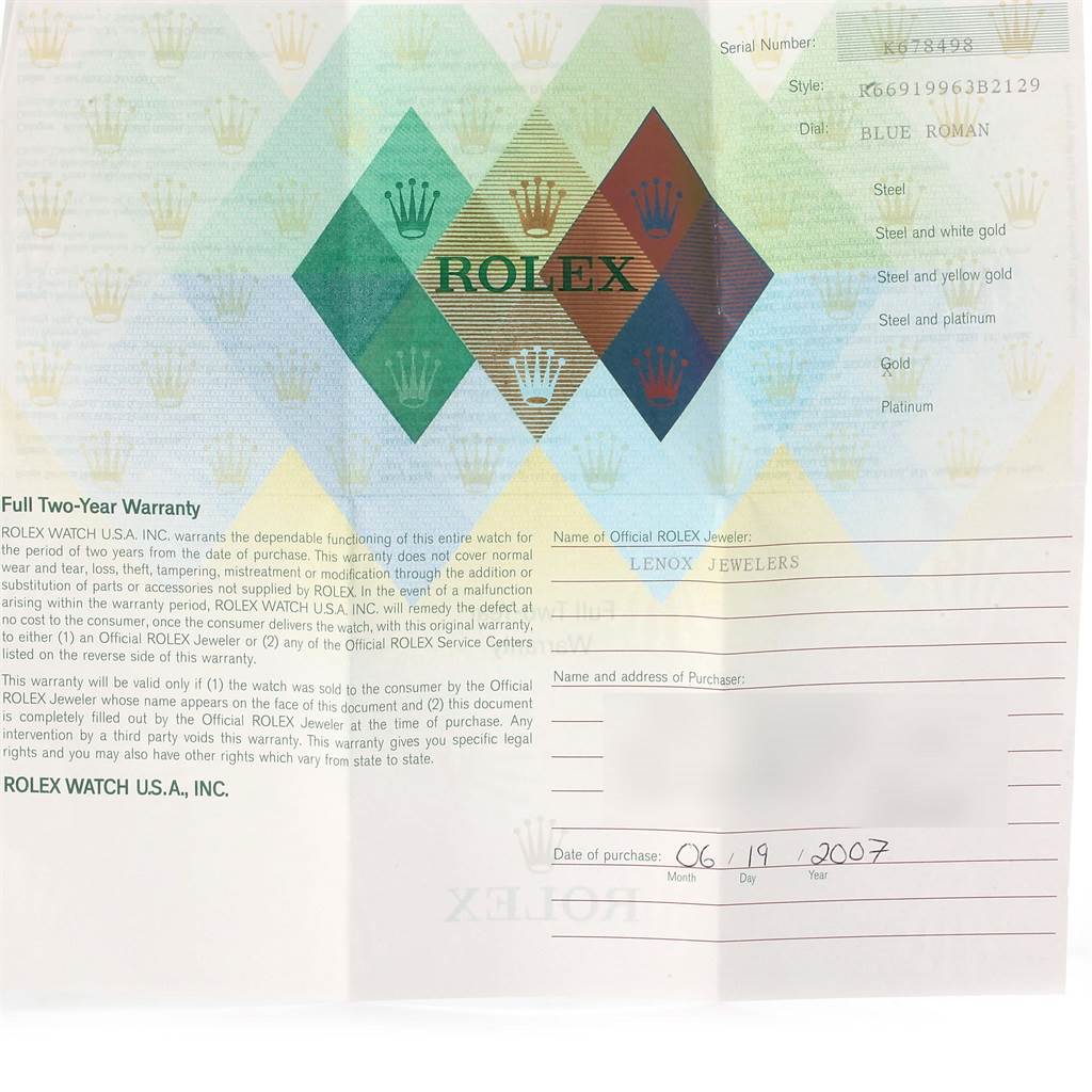 This image shows the warranty certificate and product details for a Rolex Cellini 6691 Women
s White Gold Blue Dial 6691 Women
s White Gold Blue Dial watch.