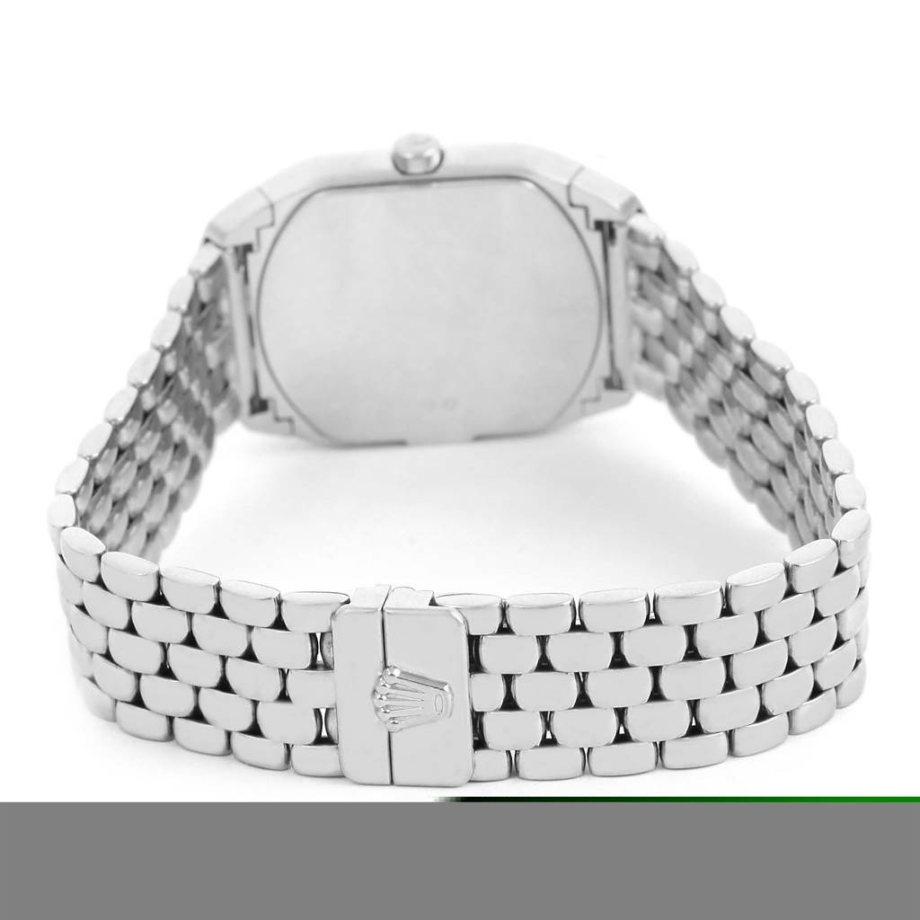 This image shows the back view of a Rolex Cellini 6691 Women
s White Gold Blue Dial 6691 Women
s White Gold Blue Dial watch, highlighting its clasp and bracelet.