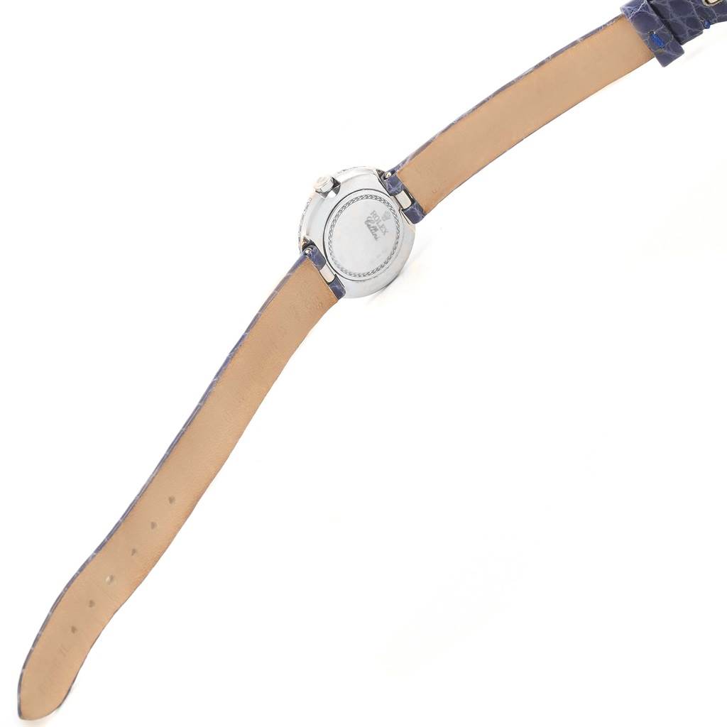 The image shows the back case and entire strap of the Rolex Cellini 6201 Women's White Gold Mother of Pearl Dial 6201 Women's White Gold Mother of Pearl Dial model watch from a top-down angle.