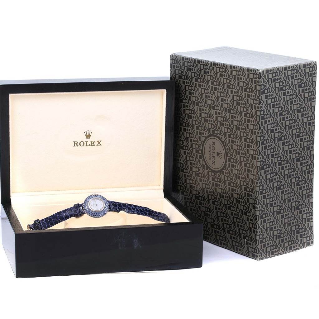 The image shows a Rolex Cellini 6201 Women's White Gold Mother of Pearl Dial 6201 Women's White Gold Mother of Pearl Dial watch displayed in an open box with the outer packaging next to it.