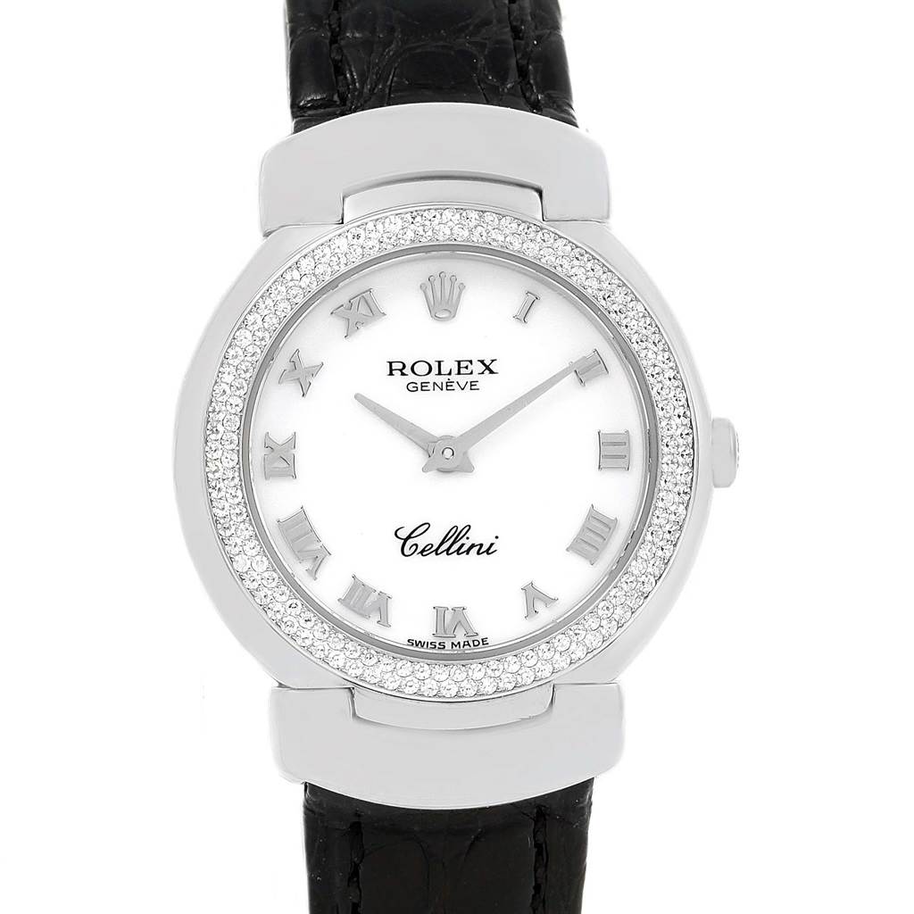 The image shows a Rolex Cellini 6671 Women's White Gold White Dial 6671 Women's White Gold White Dial watch from a front angle, highlighting its face, bezel, and leather strap.