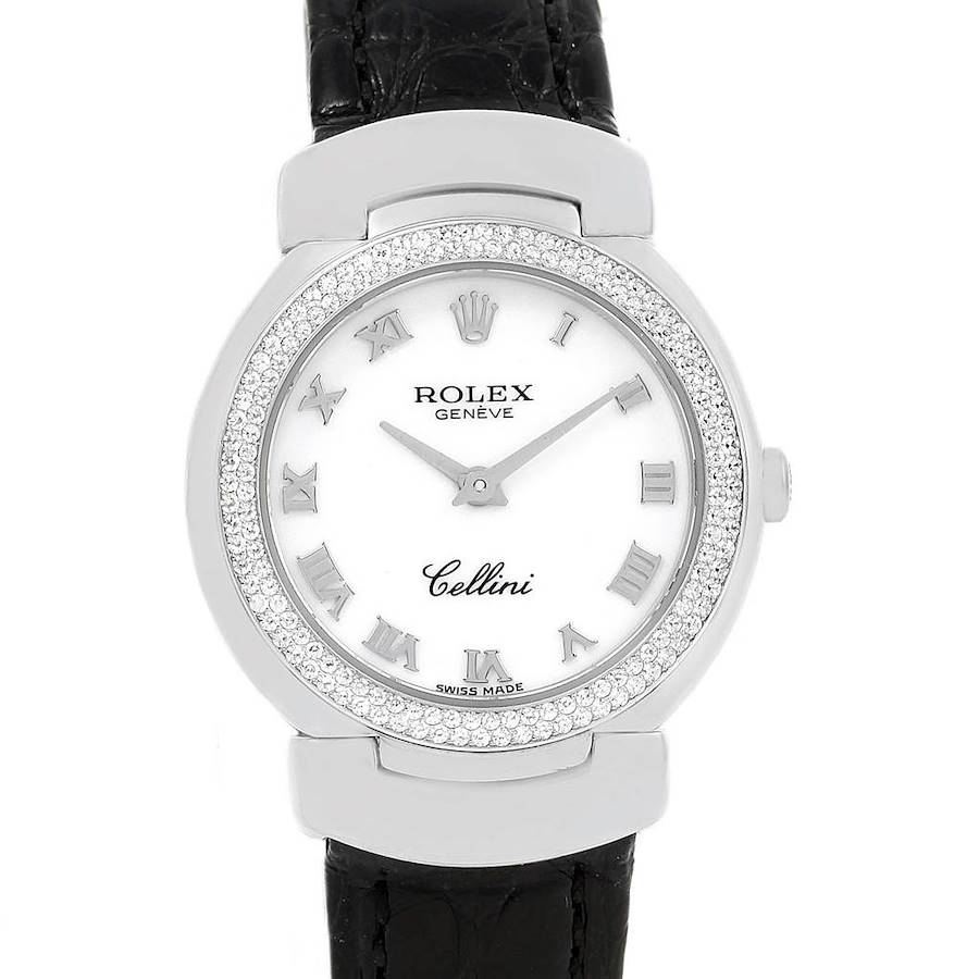 The image shows a Rolex Cellini watch from a front angle, highlighting its face, bezel, and leather strap.