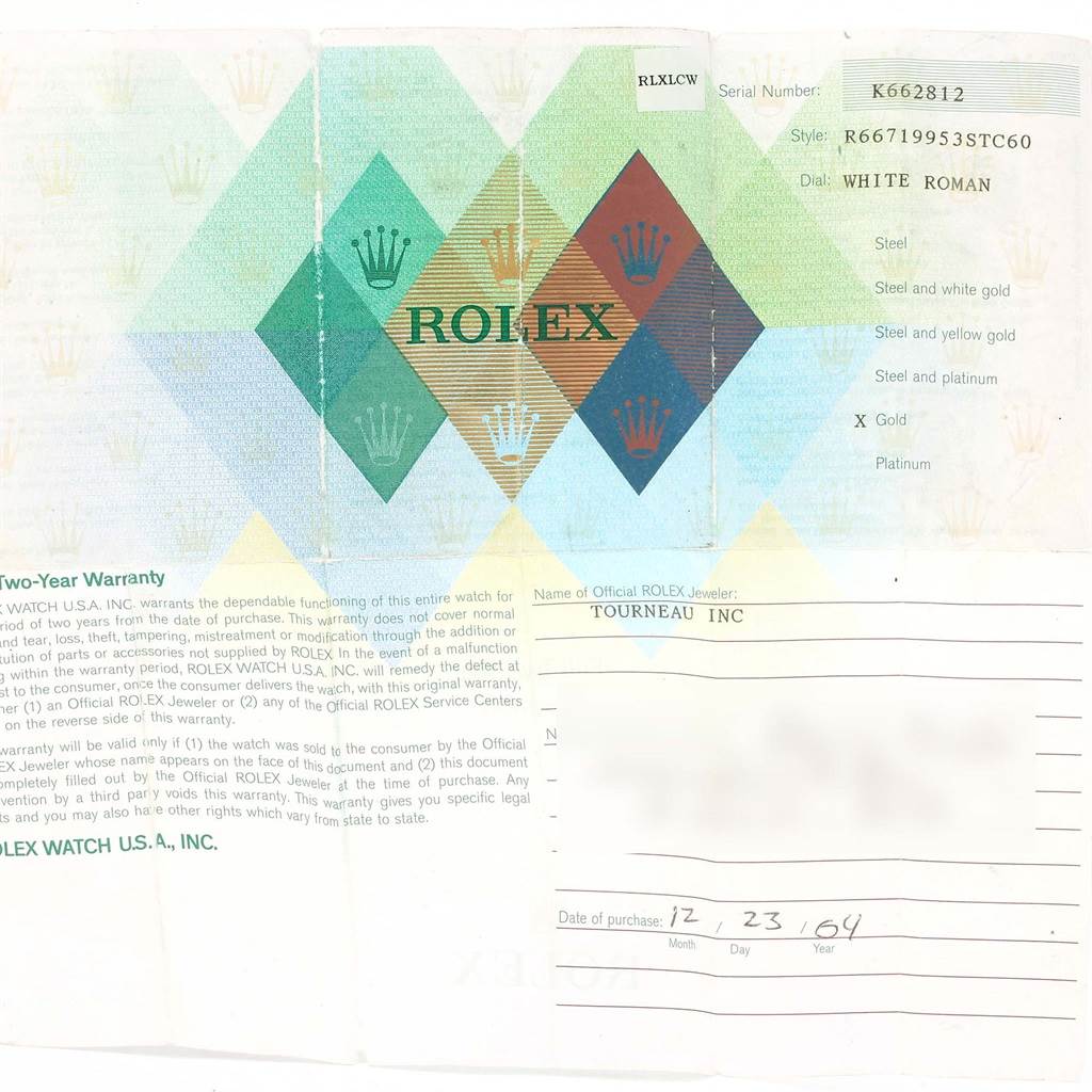 This image shows the warranty card and owner's information for a Rolex Cellini 6671 Women's White Gold White Dial 6671 Women's White Gold White Dial watch.