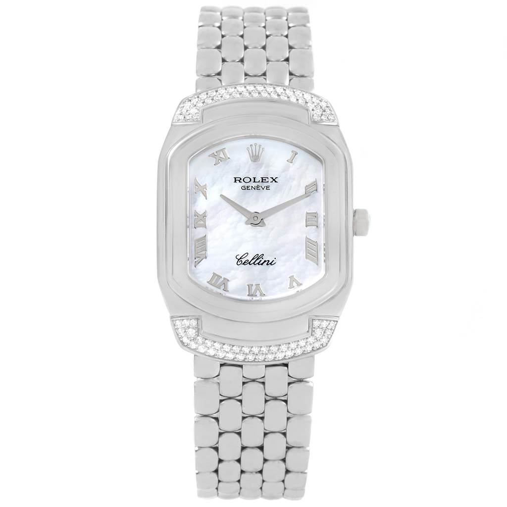 The Rolex Cellini 6692 Women's White Gold Mother of Pearl Dial 6692 Women's White Gold Mother of Pearl Dial watch is shown from a front angle, displaying the face, dial, bezel, and bracelet.