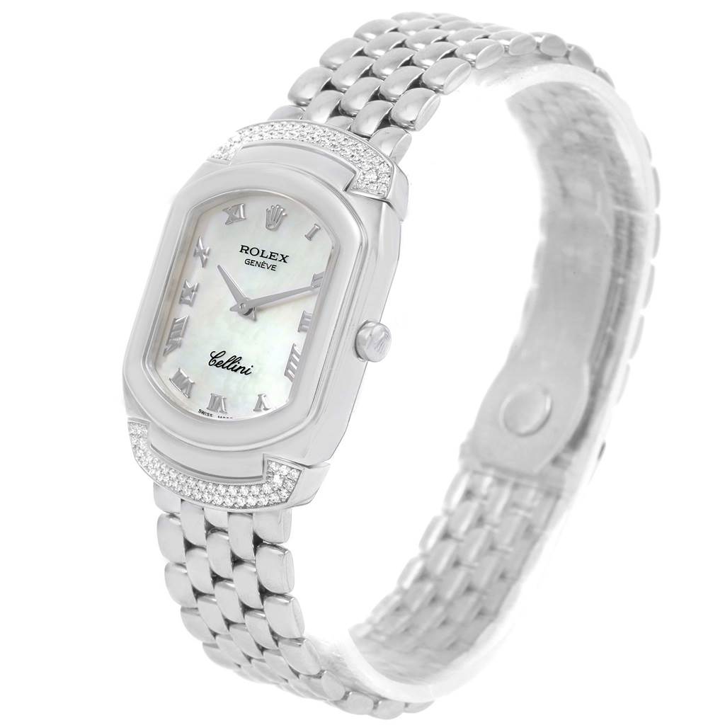 Rolex Cellini 6692 Women's White Gold Mother of Pearl Dial 6692 Women's White Gold Mother of Pearl Dial watch shown at a slight right angle, highlighting the face, bezel, and bracelet.