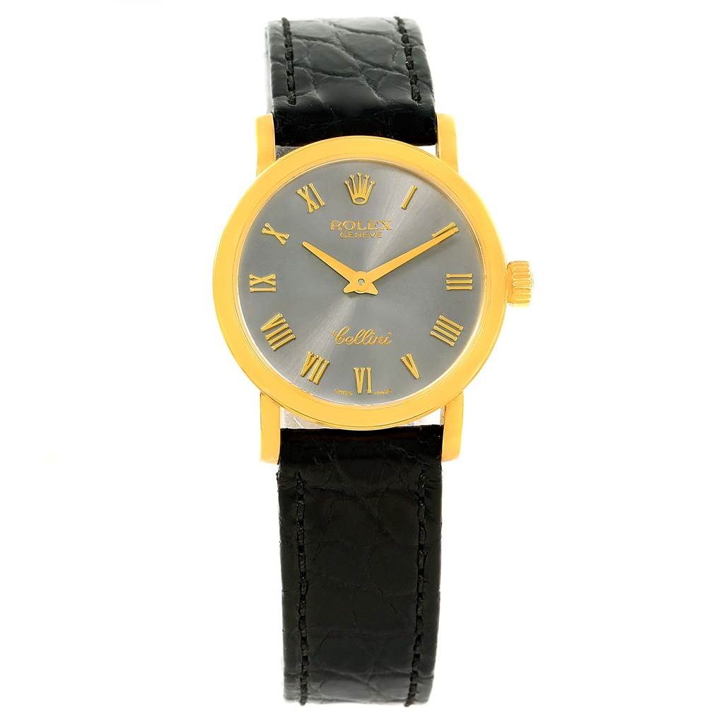 This image shows a front view of a Rolex Cellini 6110 Women's Yellow Gold Grey Dial 6110 Women's Yellow Gold Grey Dial watch, displaying its dial, case, and black leather strap.