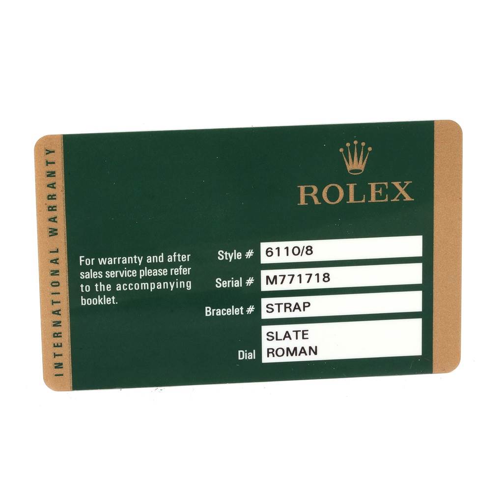 The image shows an international warranty card for a Rolex Cellini 6110 Women's Yellow Gold Grey Dial 6110 Women's Yellow Gold Grey Dial model, with details like style number, serial number, and dial type.