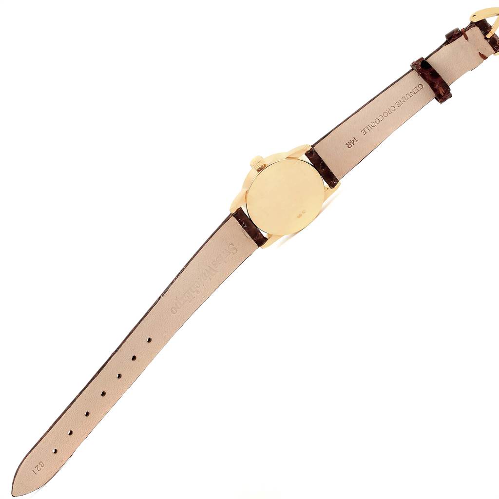 The image shows the back and leather strap of a Rolex Cellini 6111 Women's Yellow Gold Grey Dial 6111 Women's Yellow Gold Grey Dial watch, viewed from the rear.