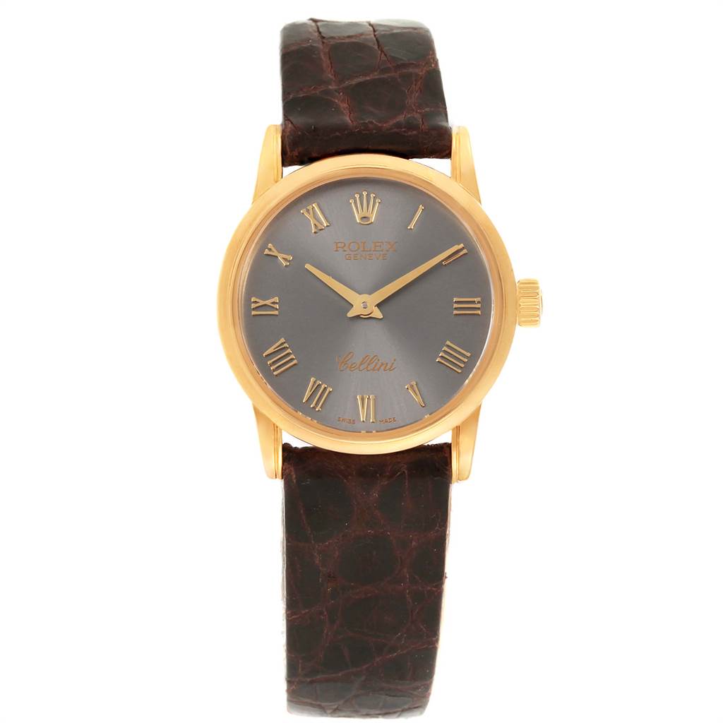 The image shows a front view of the Rolex Cellini 6111 Women's Yellow Gold Grey Dial 6111 Women's Yellow Gold Grey Dial watch, highlighting the dial, hands, case, and leather strap.