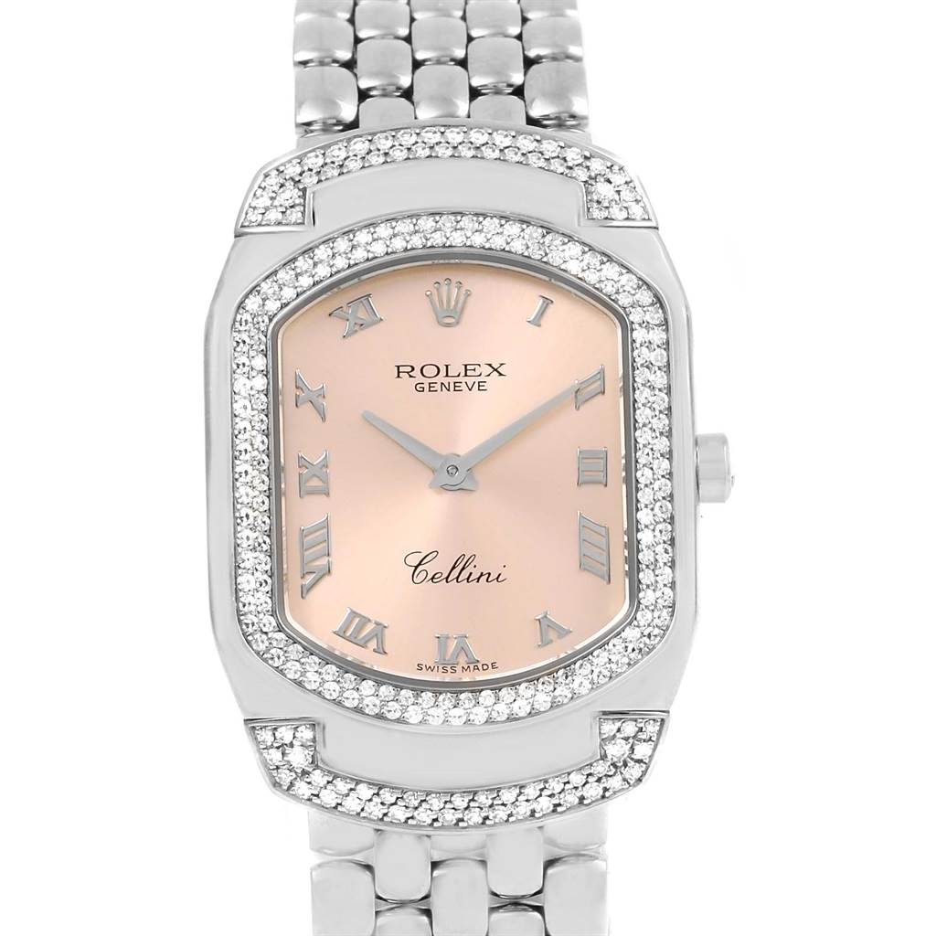 The Rolex Cellini 6693 Women
s White Gold Pink Dial 6693 Women
s White Gold Pink Dial watch is shown from a front angle, displaying the face, bezel, crown, and part of the bracelet.