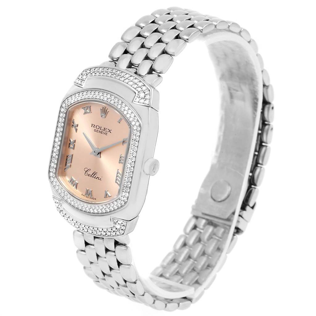 The Rolex Cellini 6693 Women
s White Gold Pink Dial 6693 Women
s White Gold Pink Dial watch is shown at a three-quarter angle, featuring the dial, bezel, case, and band.