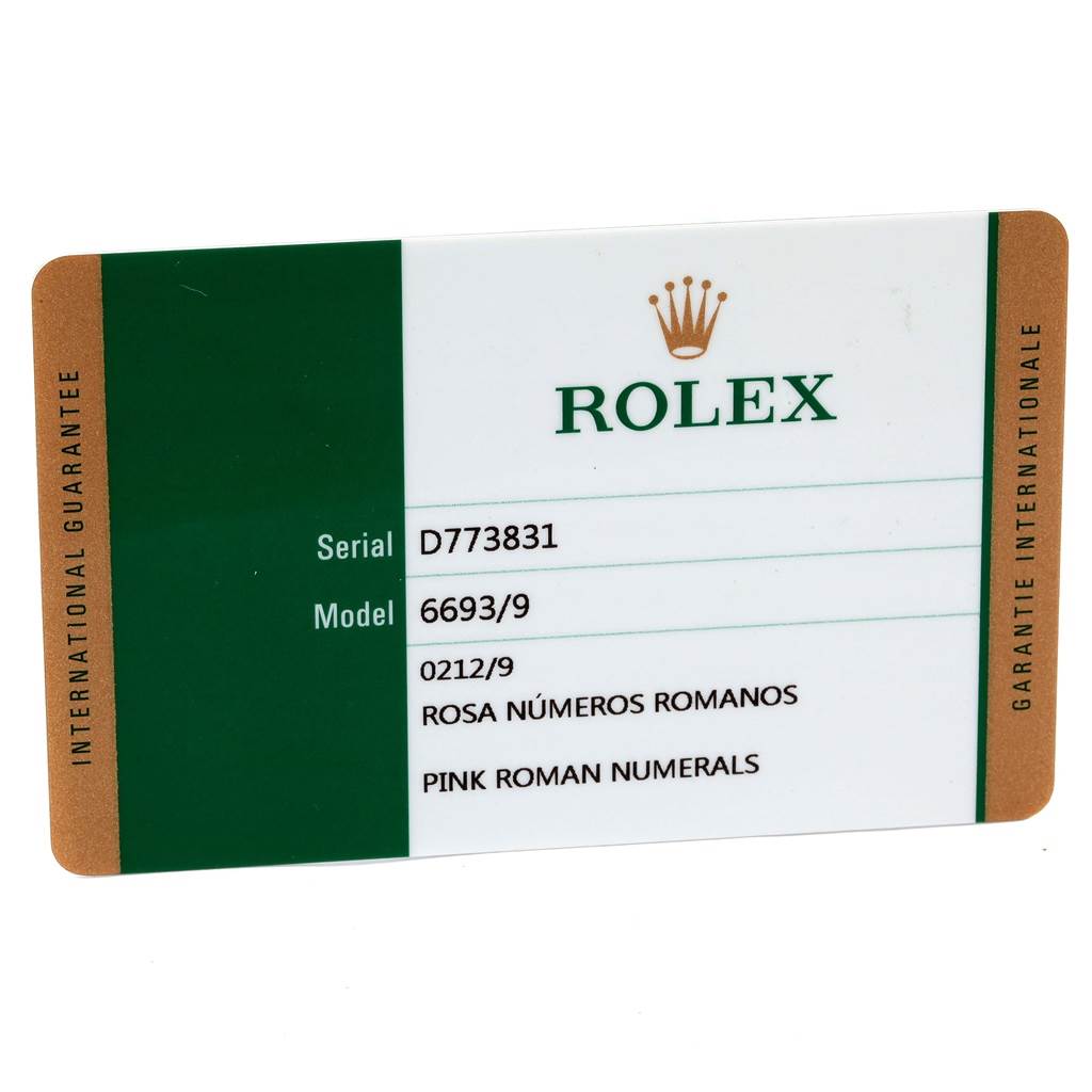 This image shows the international guarantee card for the Cellini model by Rolex, displaying the serial number and model details.