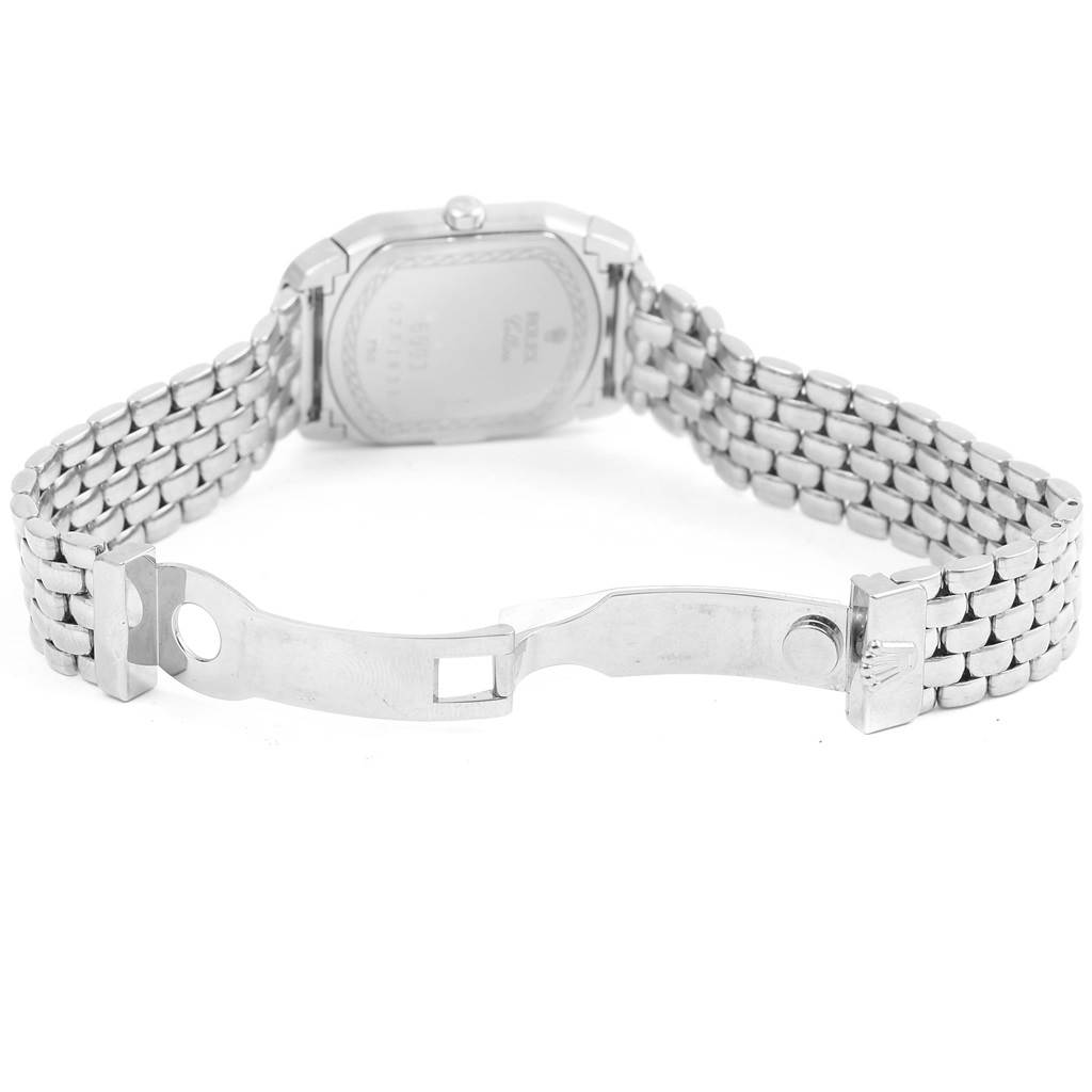 The image shows a rear view of the Rolex Cellini 6693 Women
s White Gold Pink Dial 6693 Women
s White Gold Pink Dial watch, highlighting its open metal bracelet and clasp.