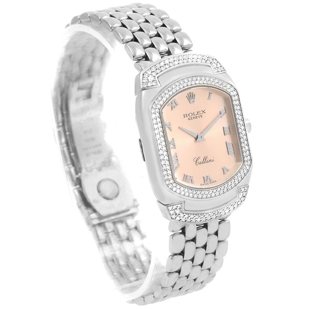 This Rolex Cellini 6693 Women
s White Gold Pink Dial 6693 Women
s White Gold Pink Dial watch is shown at a three-quarter angle, highlighting the face, bezel, and bracelet.