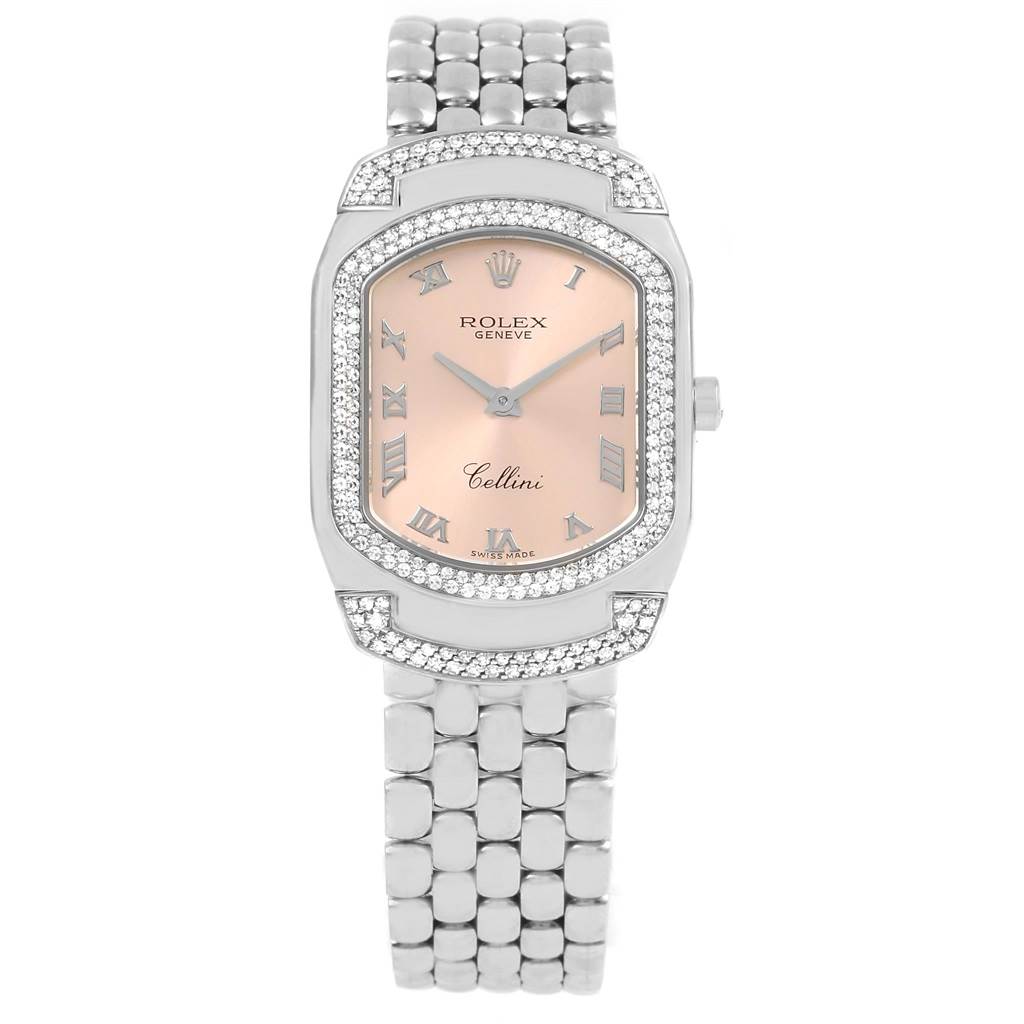 The image shows a Rolex Cellini 6693 Women
s White Gold Pink Dial 6693 Women
s White Gold Pink Dial watch from a front angle, detailing the face, bezel, and bracelet.