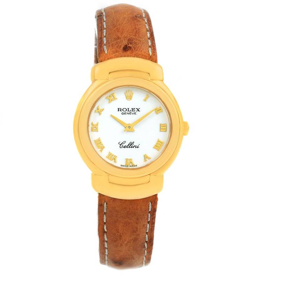 Rolex Cellini 18K Yellow Gold White Dial Brown Strap Ladies Watch 6621 SwissWatchExpo