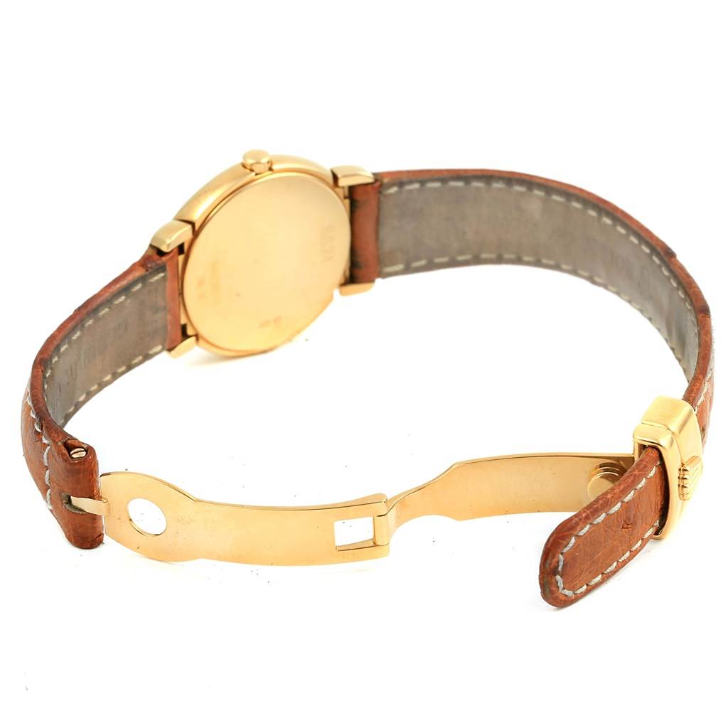 The image shows the back and clasp of a Rolex Cellini 6621 Women's Yellow Gold White Dial 6621 Women's Yellow Gold White Dial watch with a leather strap, seen from an oblique angle.