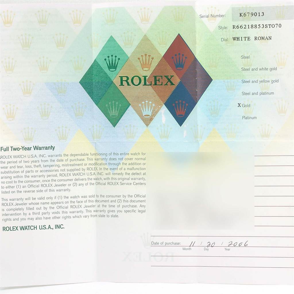 This image shows the warranty card for the Rolex Cellini 6621 Women's Yellow Gold White Dial 6621 Women's Yellow Gold White Dial model, displaying the serial number, style, and purchase date.