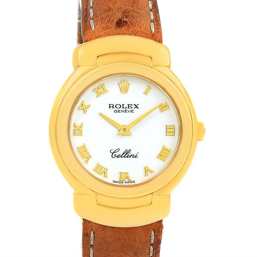 This image shows a frontal view of a Rolex Cellini watch with a gold case, white dial, and brown leather strap.