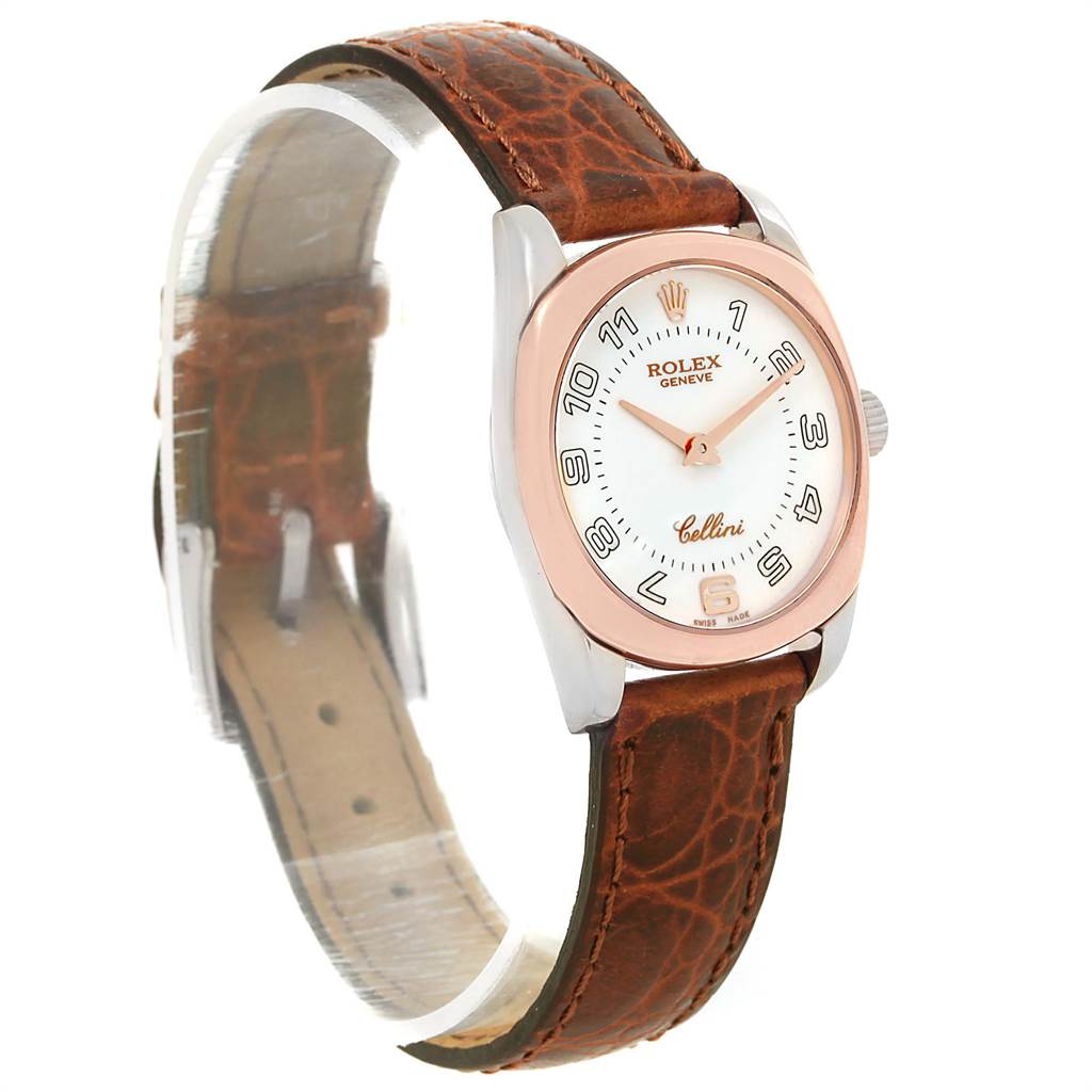 This image shows a side angle of a Rolex Cellini 6229 Women's White Gold White Dial 6229 Women's White Gold White Dial watch with a brown leather strap and a white dial.