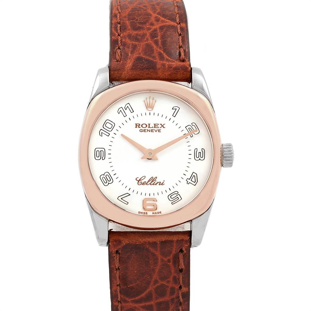 This image shows a front view of the Rolex Cellini 6229 Women's White Gold White Dial 6229 Women's White Gold White Dial watch, highlighting the face, dial, case, and leather strap.