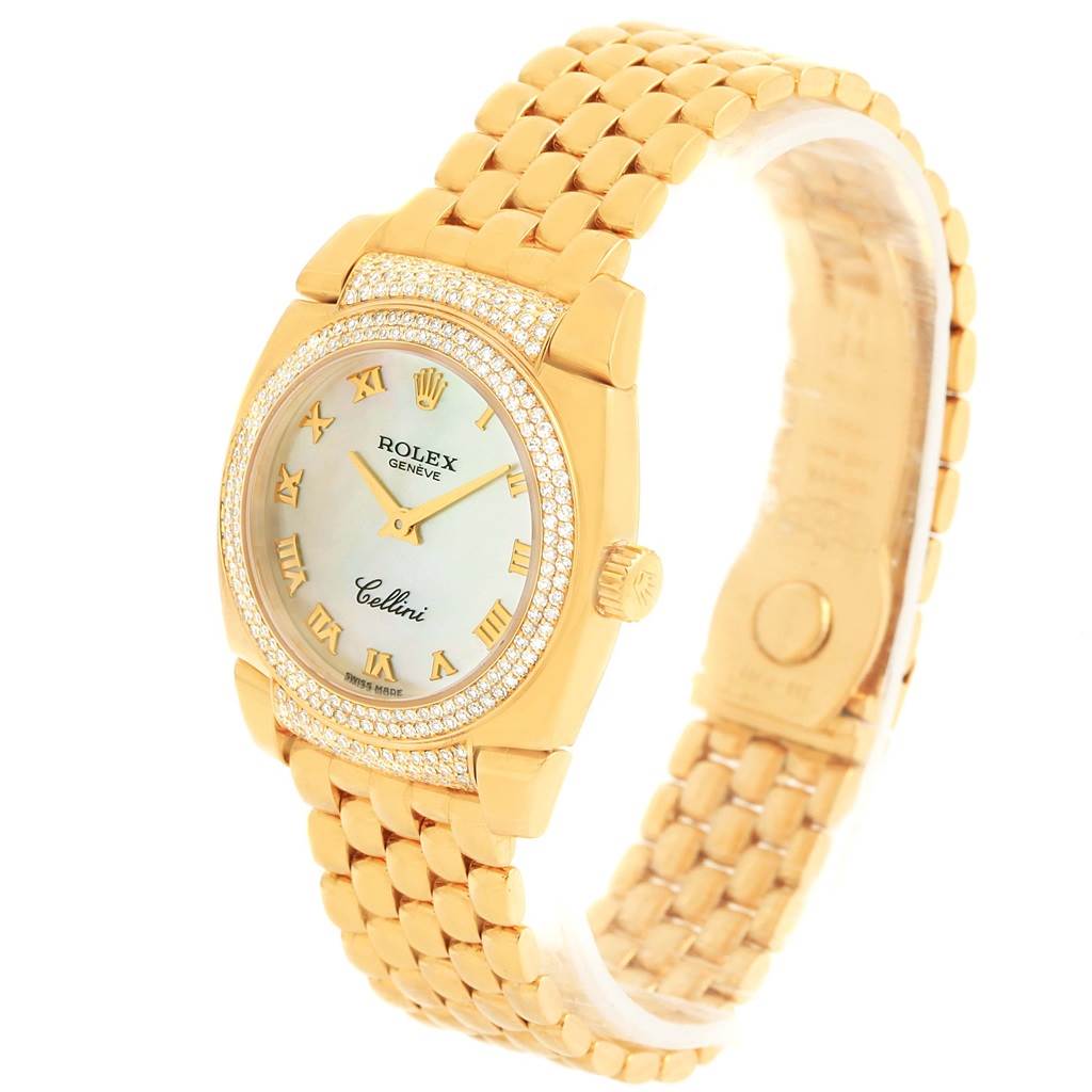 The image shows a side and front angle of a Rolex Cellini 6311 Women's Yellow Gold Mother of Pearl Dial 6311 Women's Yellow Gold Mother of Pearl Dial watch, highlighting its gold band, dial, and Roman numeral markers.
