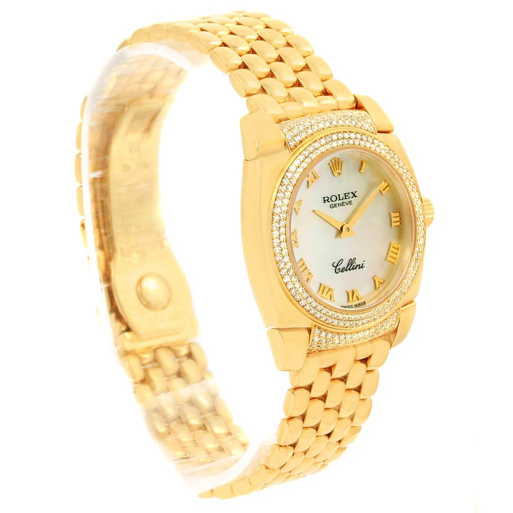 This image shows a Rolex Cellini 6311 Women's Yellow Gold Mother of Pearl Dial 6311 Women's Yellow Gold Mother of Pearl Dial watch from a three-quarter angle, displaying the watch face, bezel, and part of the bracelet.
