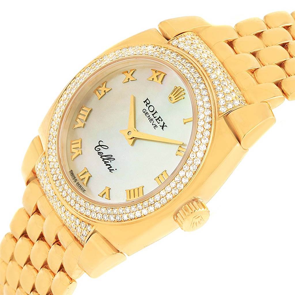 The Rolex Cellini 6311 Women's Yellow Gold Mother of Pearl Dial 6311 Women's Yellow Gold Mother of Pearl Dial watch is shown at an angle showcasing the face, crown, bezel, and part of the bracelet.