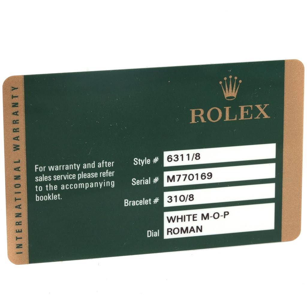 The image shows the international warranty card for a Rolex Cellini 6311 Women's Yellow Gold Mother of Pearl Dial 6311 Women's Yellow Gold Mother of Pearl Dial model, showing style, serial, bracelet, and dial information.