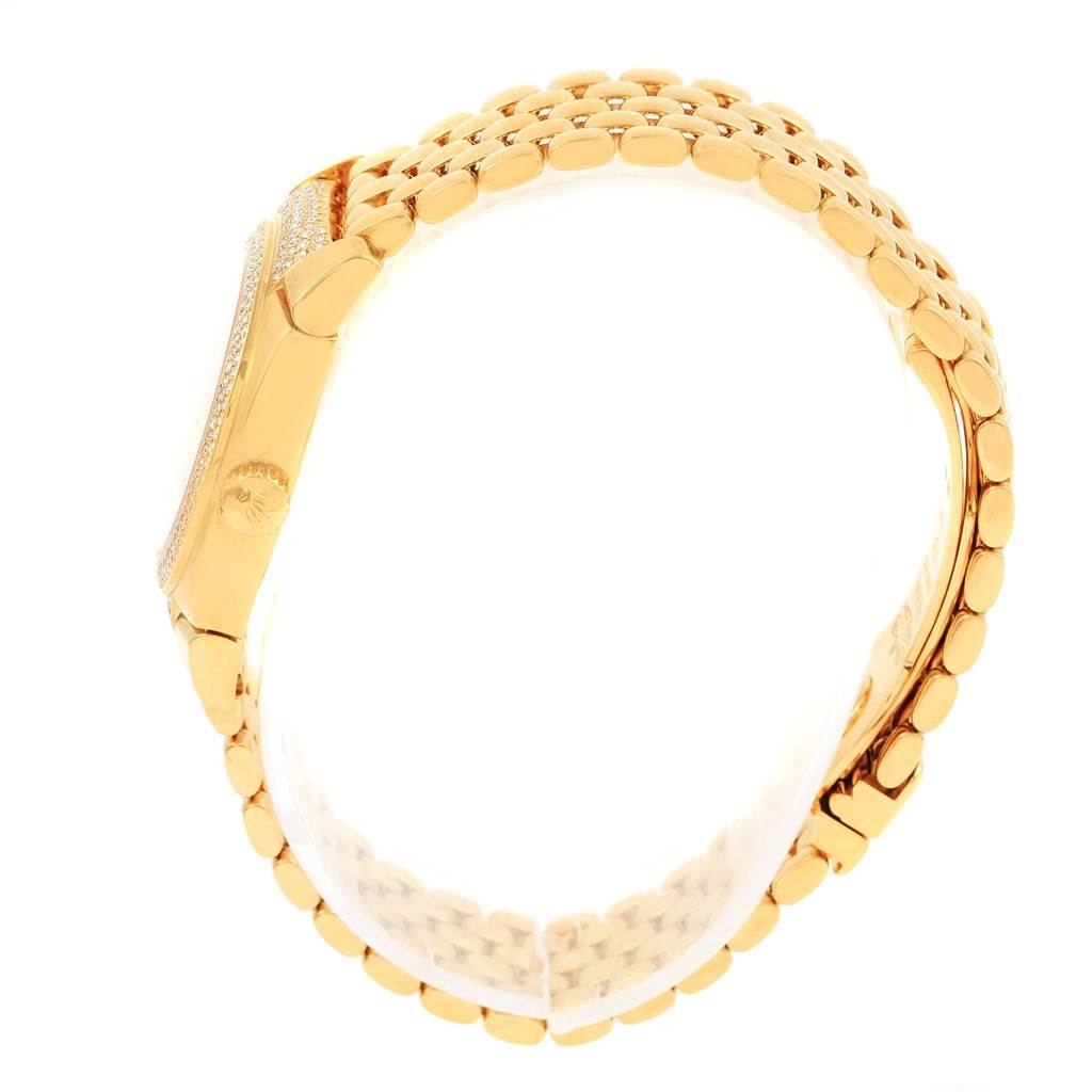 The image displays a side view of a Rolex Cellini 6311 Women's Yellow Gold Mother of Pearl Dial 6311 Women's Yellow Gold Mother of Pearl Dial watch, highlighting its gold case, crown, and bracelet.