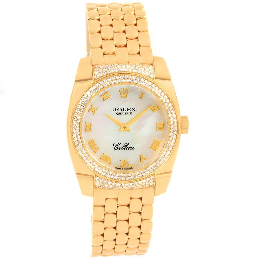 The image shows a front angle of a Rolex Cellini 6311 Women's Yellow Gold Mother of Pearl Dial 6311 Women's Yellow Gold Mother of Pearl Dial watch, displaying the face, bezel, and bracelet.