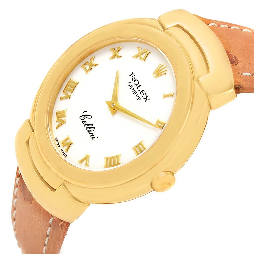 This image showcases a Rolex Cellini 6622 Women's Yellow Gold White Dial 6622 Women's Yellow Gold White Dial watch at an angled close-up, highlighting its gold case, Roman numeral dial, and leather strap.