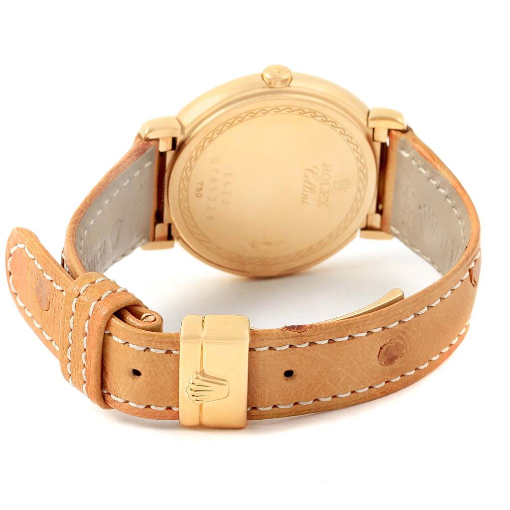 The image shows the back case and leather strap of the Rolex Cellini 6622 Women's Yellow Gold White Dial 6622 Women's Yellow Gold White Dial watch from a rear angle.