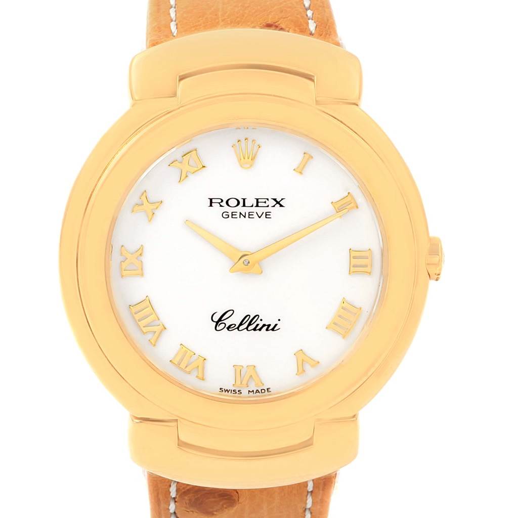 The image shows the face of a Rolex Cellini 6622 Women's Yellow Gold White Dial 6622 Women's Yellow Gold White Dial watch with a leather strap, viewed directly from the front.