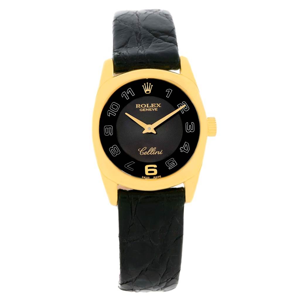 This image shows a Rolex Cellini 6229 Women
s Yellow Gold Black Dial 6229 Women
s Yellow Gold Black Dial model watch with a black leather strap and a gold case, viewed from the front.
