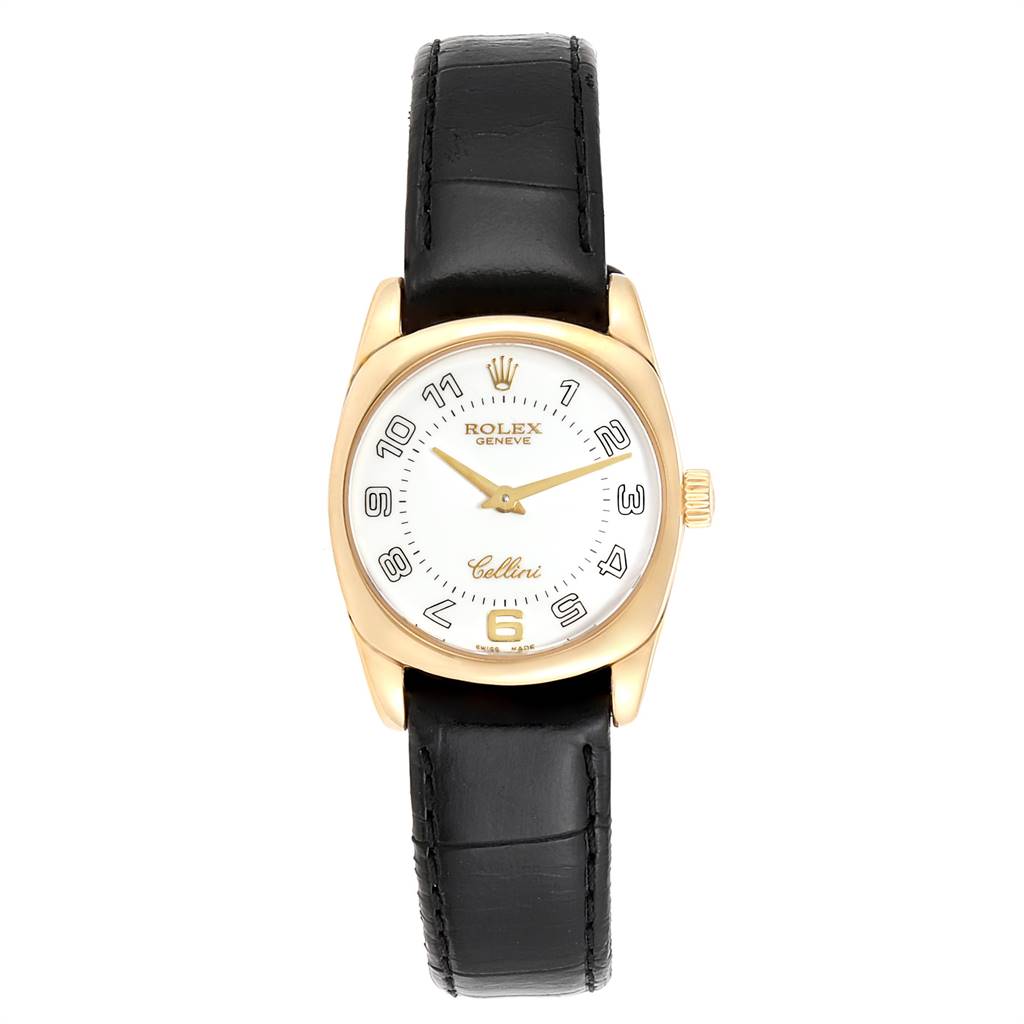This image shows a front view of a Rolex Cellini 6229 Women
s Yellow Gold White Dial 6229 Women
s Yellow Gold White Dial watch featuring a gold case, white dial, and black leather strap.