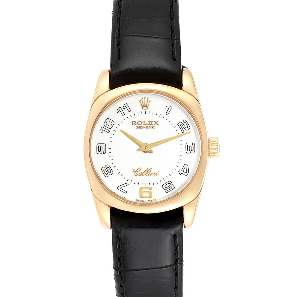 This image shows a front view of a Rolex Cellini 6229 Women
s Yellow Gold White Dial 6229 Women
s Yellow Gold White Dial watch with a gold case, white dial, and black leather strap.